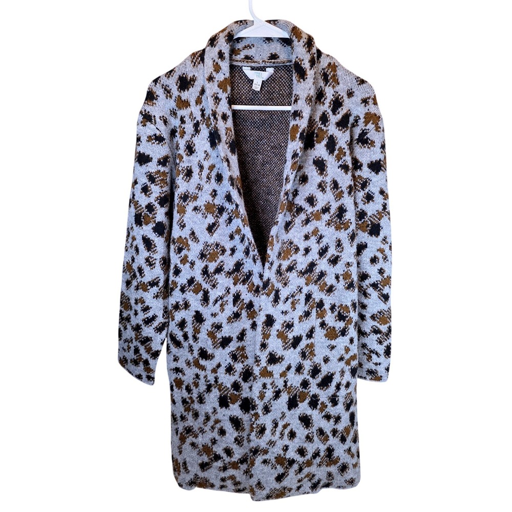 Time and Tru Womens Leopard Print Open Front Cardigan Grey Brown Large 12-14